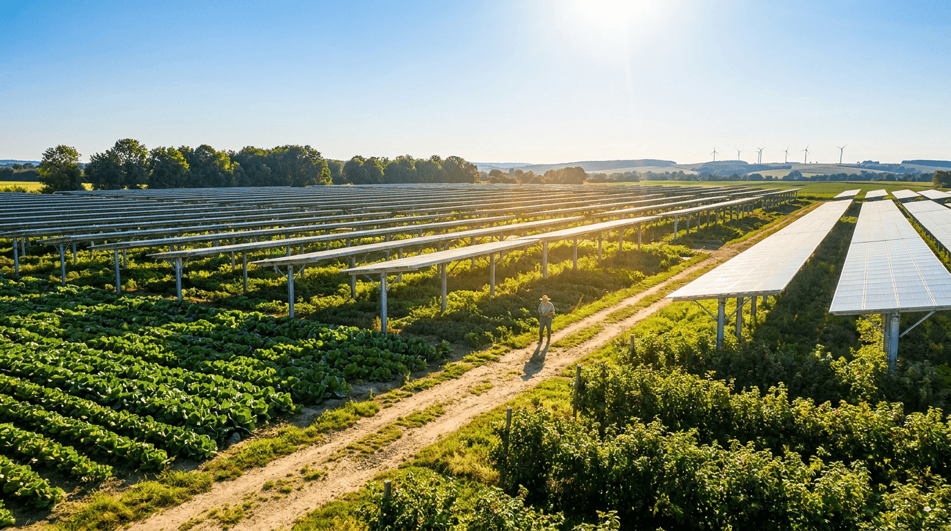 Agri-Photovoltaik-Reihen über einer landwirtschaftlichen Kultur